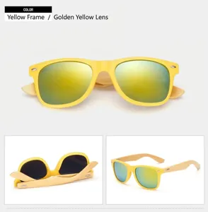 Yellow frame sunglasses with bamboo temples and gold mirror lenses for men and women stylish