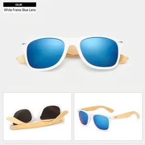 Detail view of white frame blue lens bamboo sunglasses showing folded temples and side angle.