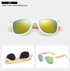 White frame bamboo wooden sunglasses with colorful reflective lenses for men and women.