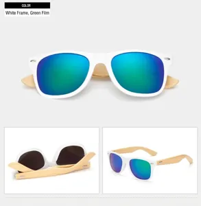 Detailed view of fashionable bamboo temple sunglasses with colorful lenses and sturdy frame.