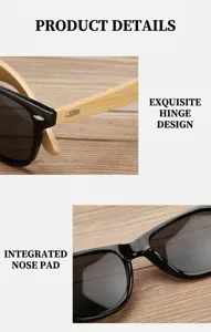 Close-up detail of sunglasses featuring natural bamboo temples, black frame, and sturdy metal hinges.