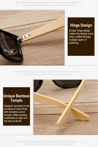 Closeup of stylish wooden sunglasses temple featuring metal hinge and bamboo leg details.