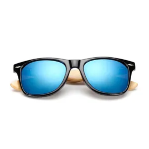 Classic black frame sunglasses with blue mirror lenses and natural bamboo wooden temples.