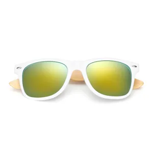 Stylish sunglasses with white frames, colorful reflective lenses, and natural bamboo temples.