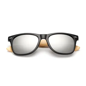 Classic square sunglasses with black frame reflective silver lenses and natural bamboo wooden temples.