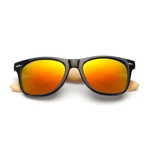 Classic black frame sunglasses with colorful reflective lenses and natural bamboo temples.
