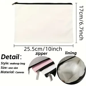 Borsa per trucco in tela bianca con cerniera e fodera, perfetta per stampa fai-da-te e viaggi.