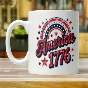 Tasse à café en céramique blanche avec motif patriotique America 1776 pour bureau et maison.