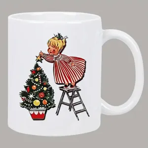 Witte keramische koffiemok met vintage kerstillustratie, perfect voor op kantoor.