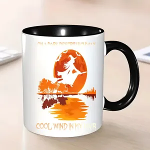 Keramik Kaffeetasse mit Hexen-Motiv und Vollmond, schwarzer Henkel, stilvolle Tasse Büro.