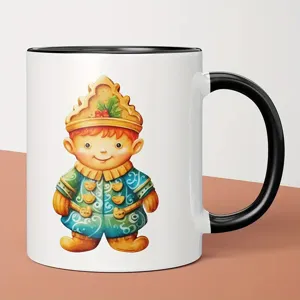 Custom ceramic coffee mug with cute gingerbread boy illustration, black handle and rim.