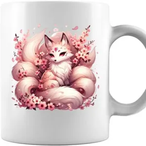 Detailansicht der weißen Keramiktasse mit süßem rosa Neunschwanzfuchs und Kirschblütenmotiv.