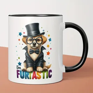 Close-up of a ceramic mug featuring a cute puppy print wearing a top hat and glasses with black handle.