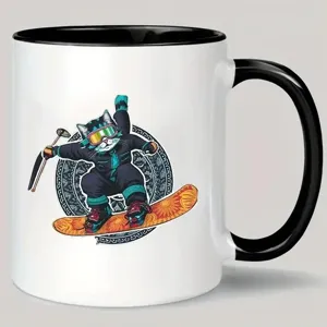 Ceramic coffee mug with cool snowboarding cat print, white and black design for office use.