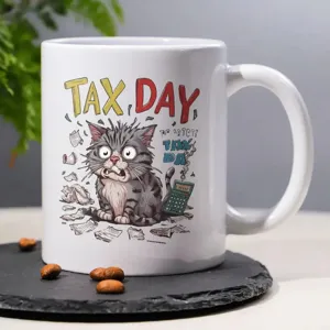 Keramik Kaffeetasse mit lustigem Katzenprint und Text, ideal für den täglichen Gebrauch im Büro.