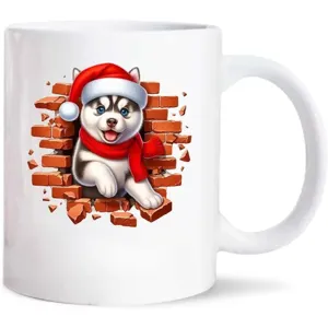 Taza de café de cerámica blanca con lindo estampado de husky navideño, ideal para oficina.