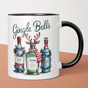Close up detail of a ceramic coffee mug featuring festive Christmas bottles print and text.