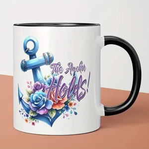Ceramic coffee mug with black handle and anchor floral print design for office home use.