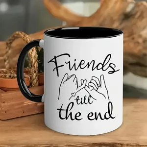Keramik Kaffeetasse Detailansicht mit Freundschaftsmotiv und englischem Text.