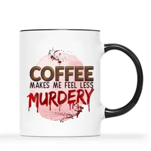 Weißer Keramikkaffeebecher mit schwarzem Henkel und lustigem Spruch für das Büro.