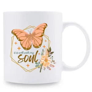 Tasse à café en céramique avec motif papillon et fleurs, mug de bureau blanc.