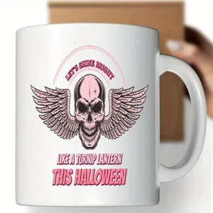 Tasse à café en céramique blanche avec motif de crâne rose d'Halloween pour le bureau.