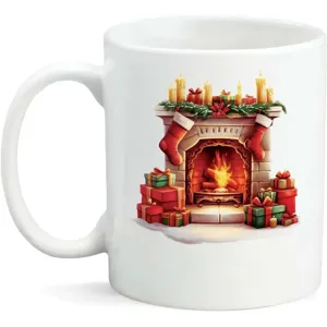 Close-up detail of a white ceramic coffee mug featuring a festive Christmas fireplace graphic.