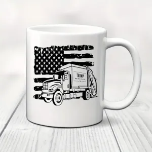White ceramic coffee mug featuring an American flag and truck print, ideal for office use.