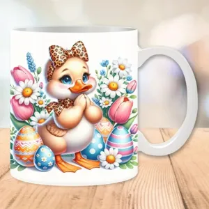 Cute easter duck ceramic coffee mug detail, white cup with floral pattern and handle.