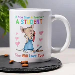 White ceramic coffee mug with cute mouse illustration and teacher quote for office daily use