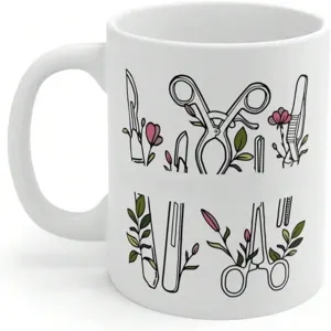 White ceramic coffee mug featuring medical surgical tools and floral botanical illustration.
