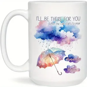 Detailansicht der weißen Keramiktasse mit personalisiertem Regenschirm und Namen.