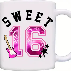 White ceramic coffee mug featuring a stylish Sweet 16 design, perfect for birthday gifts and office use.