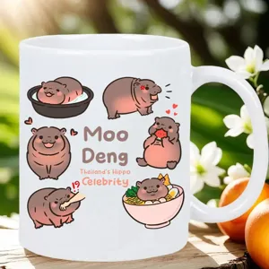 Cute Moo Deng viral hippo ceramic coffee mug, perfect for office and daily use, white tea cup.