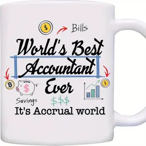 Close-up of funny accountant ceramic coffee mug with text print and office design details.