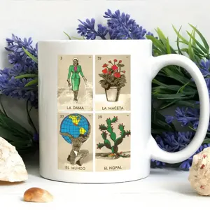 White ceramic coffee mug with Mexican loteria art print, perfect for office and daily use.