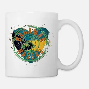 White ceramic coffee mug with Bahamas Nassau tropical palm tree graphic print for office daily use