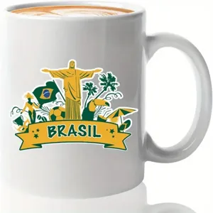 Ceramic coffee mug detail showing Brazil theme print with Christ statue and Brasil text.