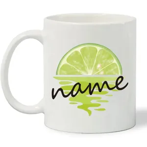 Keramik Kaffeetasse Detailansicht mit personalisiertem Limettengrafik Aufdruck und Text.