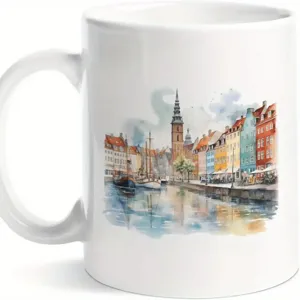 White ceramic coffee mug with watercolor urban canal landscape painting, perfect for office use.