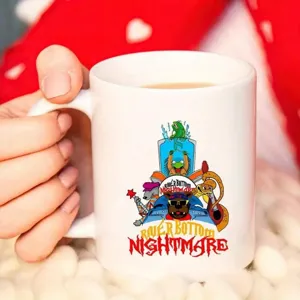 White ceramic coffee mug with custom cartoon band graphic print for office or home use