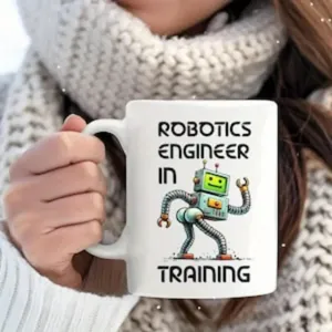 Detailaufnahme einer weißen Keramiktasse mit süßem Roboter Design und Textaufdruck.