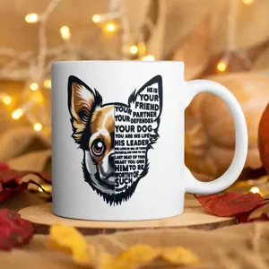 Weißer Keramik Kaffeebecher mit individuellem Hundemotiv und inspirierendem Text für Büro.