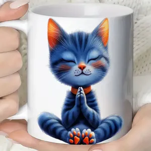 Keramik Kaffeetasse mit süßem meditierendem Katzenprint, weiße Teetasse fürs Büro mit Henkel.