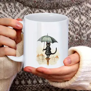 Weißer Keramik Kaffeetasse mit süßer schwarzer Katzenillustration, ideal für das Büro.
