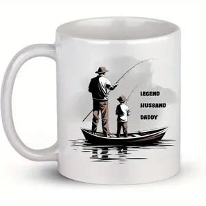 Taza de café de cerámica blanca con estampado de pesca, ideal para la oficina y el hogar.