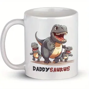 Taza de café de cerámica blanca con divertido diseño de dinosaurio, ideal para oficina.
