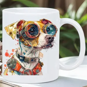 Détail tasse de café en céramique chien steampunk, tasse d'impression animale pour le bureau.