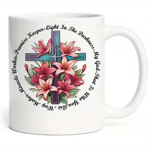 Taza de café de cerámica blanca con cruz cristiana y diseño de estampado floral para oficina.
