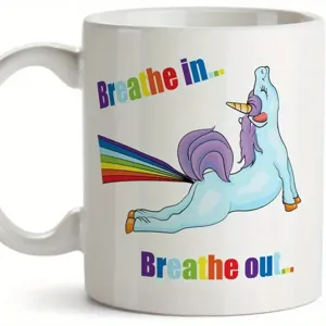 Taza de café de cerámica blanca unicornio yoga divertida, bonita vajilla de oficina práctica.
